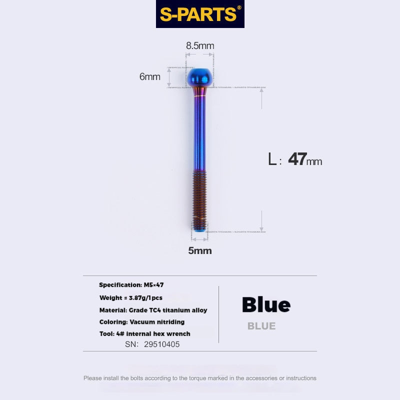 S-PARTS M5 Titanium Seatpost Bolt, Barrel Nut & Washer Hardware M5 L47 Blue