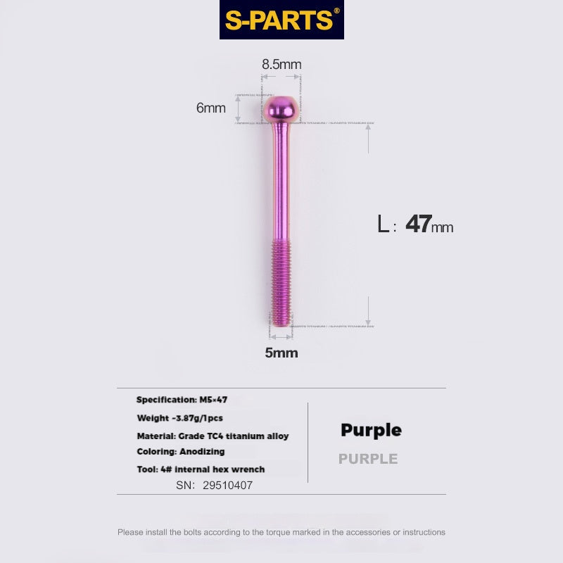 S-PARTS M5 Titanium Seatpost Bolt, Barrel Nut & Washer Hardware M5 L47 Purple
