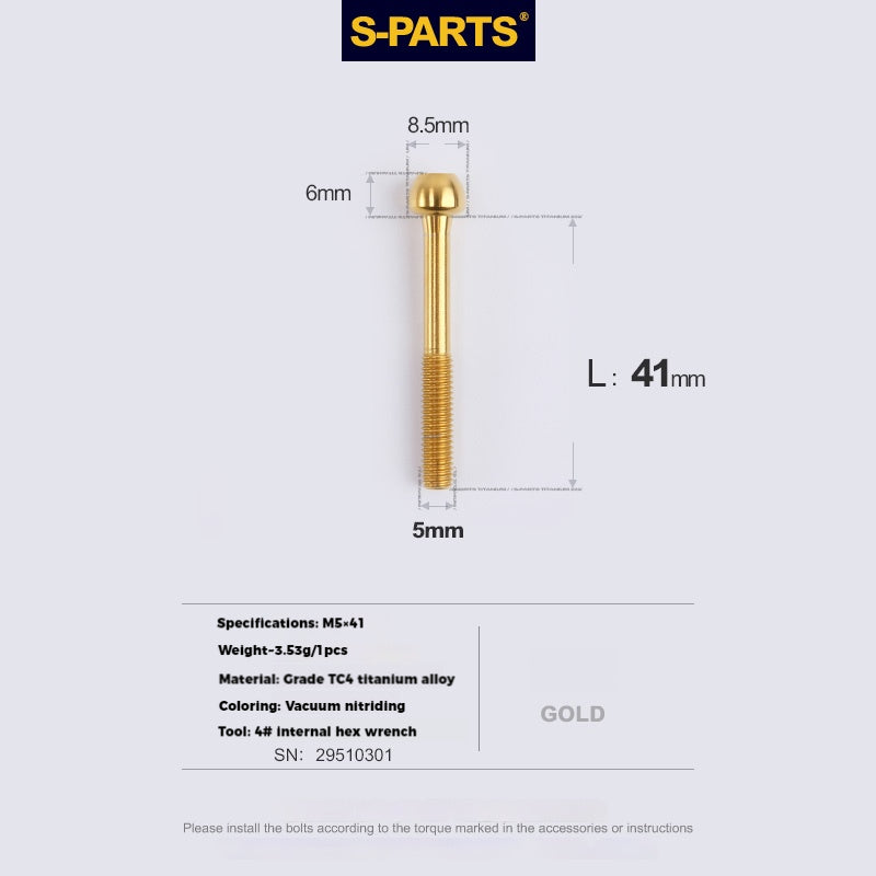 S-PARTS M5 Titanium Seatpost Bolt, Barrel Nut & Washer Hardware M5 L41 Gold