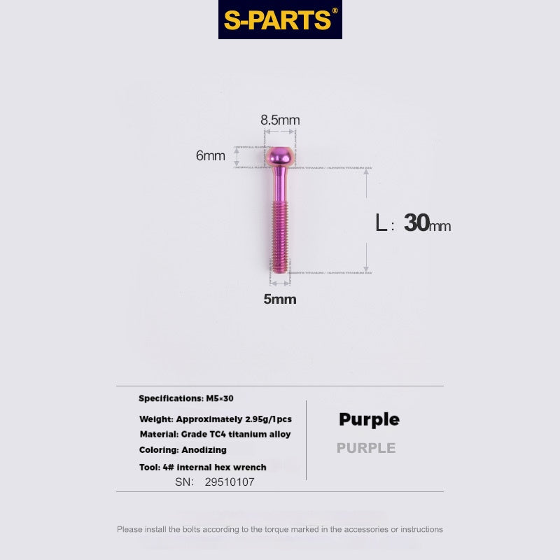 S-PARTS M5 Titanium Seatpost Bolt, Barrel Nut & Washer Hardware M5 L30 Purple