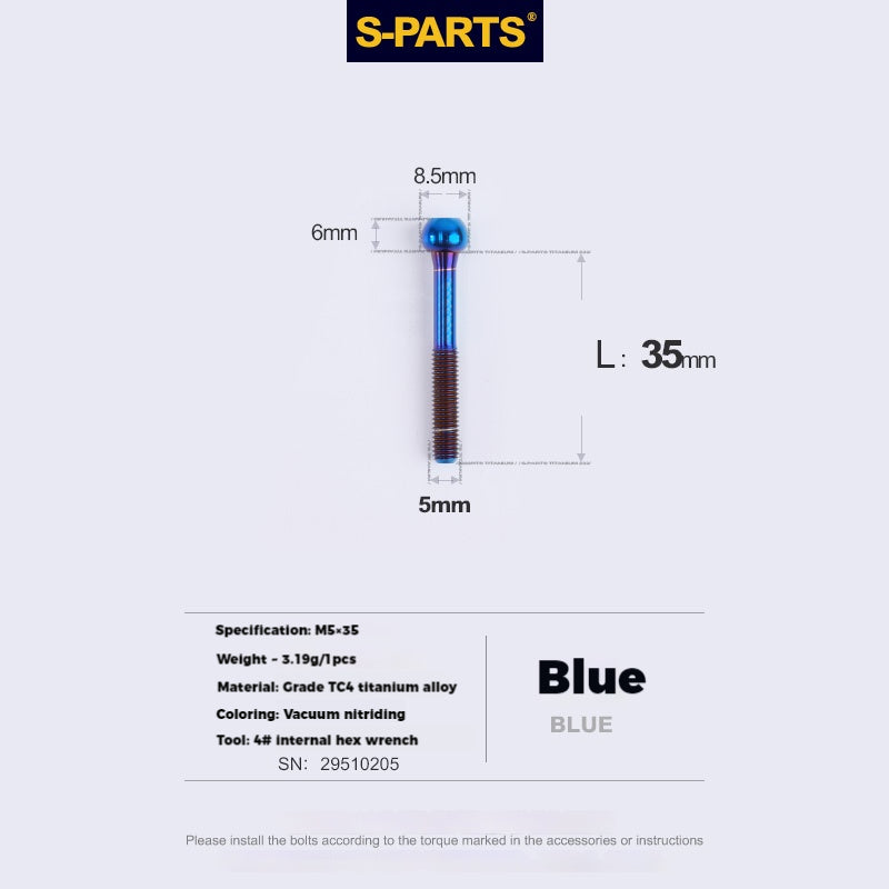 S-PARTS M5 Titanium Seatpost Bolt, Barrel Nut & Washer Hardware M5 L35 Blue