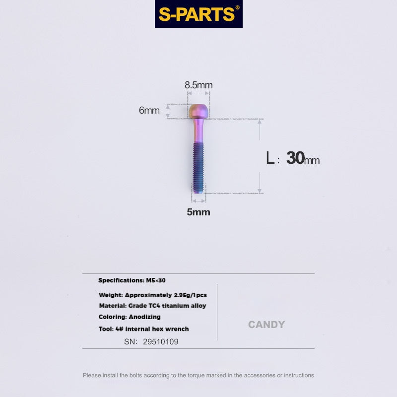S-PARTS M5 Titanium Seatpost Bolt, Barrel Nut & Washer Hardware M5 L30 Candy