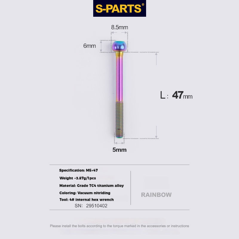 S-PARTS M5 Titanium Seatpost Bolt, Barrel Nut & Washer Hardware M5 L47 Rainbow