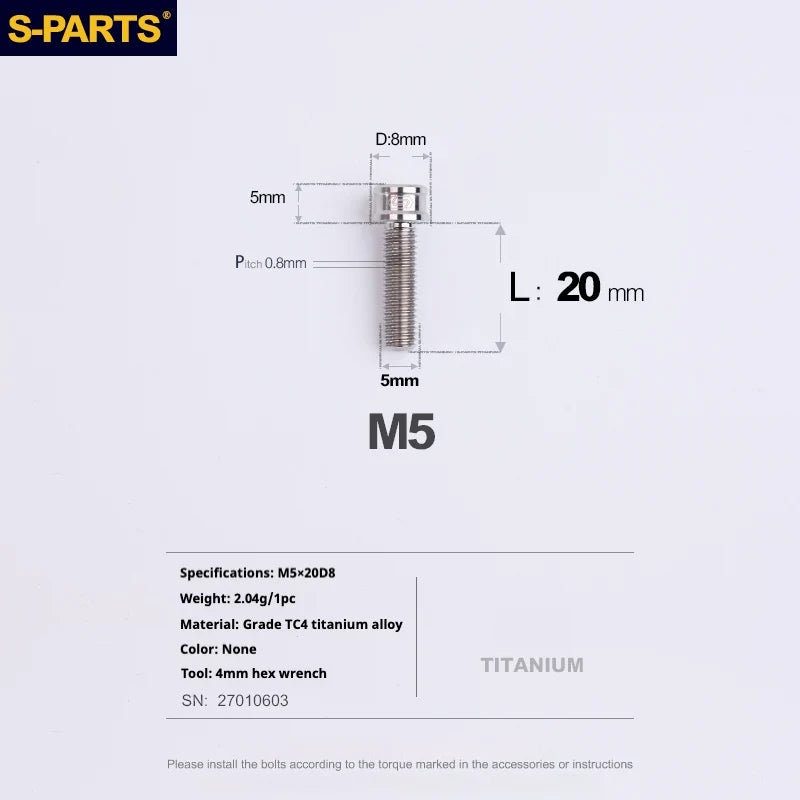 S-PARTS M5x10-35mm Titanium Alloy Screw Cylindrical Head