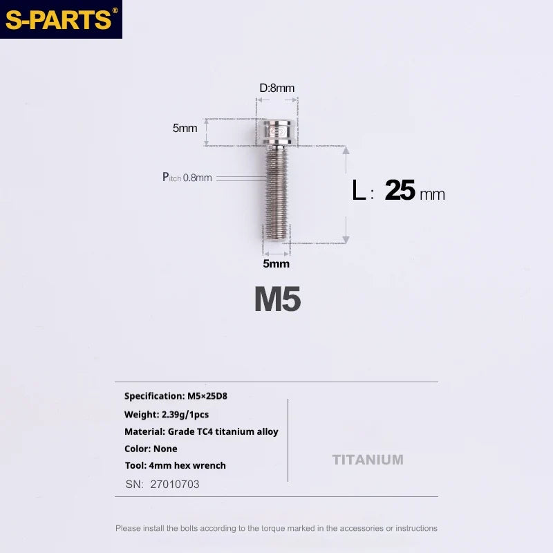 S-PARTS M5x10-35mm Titanium Alloy Screw Cylindrical Head