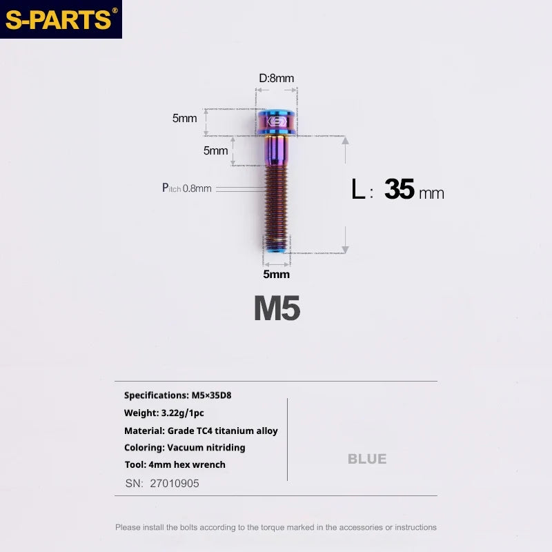 S-PARTS M5x10-35mm Titanium Alloy Screw Cylindrical Head