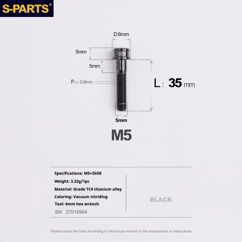S-PARTS M5x10-35mm Titanium Alloy Screw Cylindrical Head