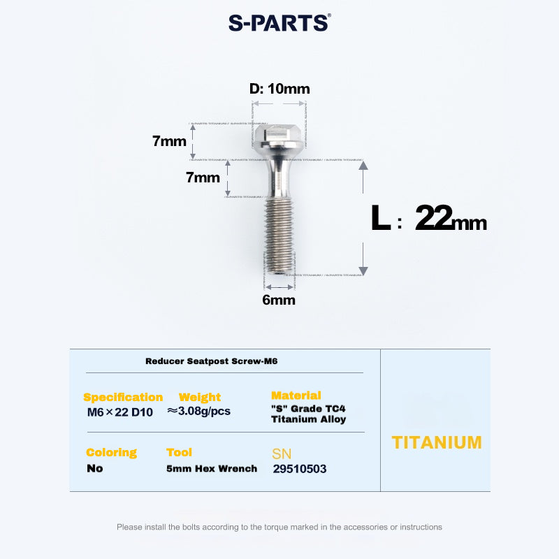 S-PARTS M6 Titanium Seatpost Step-Down Bolt & Nut Kit — Multiple Lengths 22mm