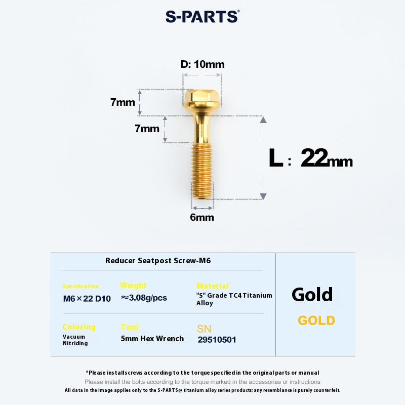 S-PARTS M6 Titanium Seatpost Step-Down Bolt & Nut Kit — Multiple Lengths Gold 22mm