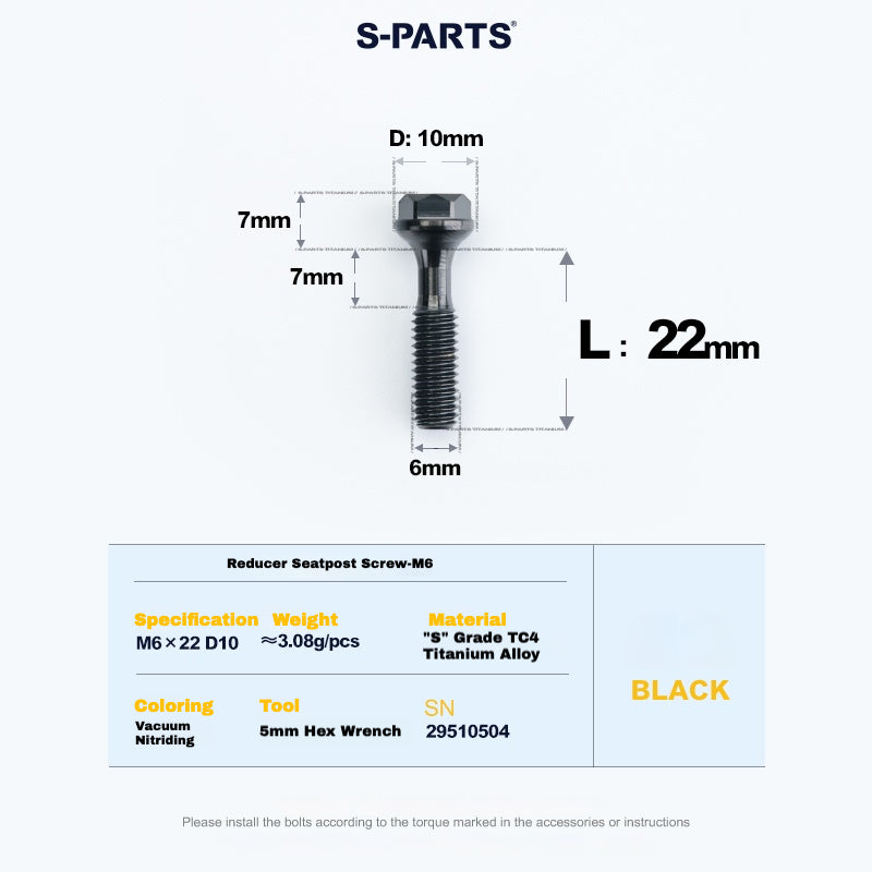 S-PARTS M6 Titanium Seatpost Step-Down Bolt & Nut Kit — Multiple Lengths Black 22mm