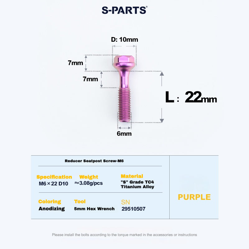 S-PARTS M6 Titanium Seatpost Step-Down Bolt & Nut Kit — Multiple Lengths Purple 22mm