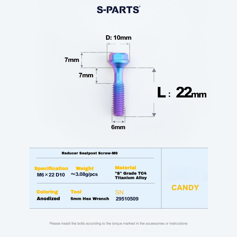 S-PARTS M6 Titanium Seatpost Step-Down Bolt & Nut Kit — Multiple Lengths Candy 22mm