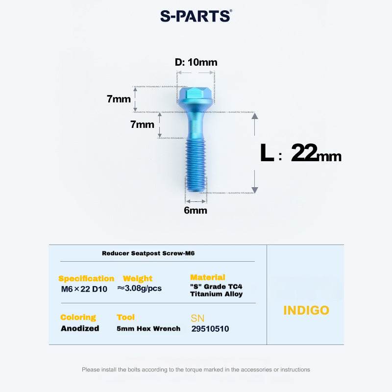 S-PARTS M6 Titanium Seatpost Step-Down Bolt & Nut Kit — Multiple Lengths Indigo 22mm