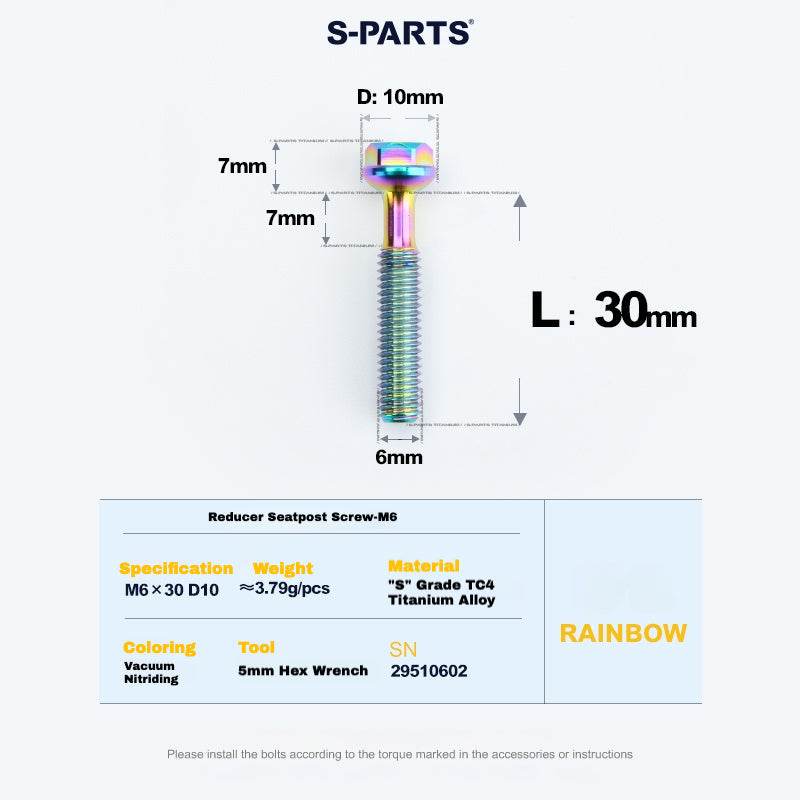 S-PARTS M6 Titanium Seatpost Step-Down Bolt & Nut Kit — Multiple Lengths Rainbow 30mm