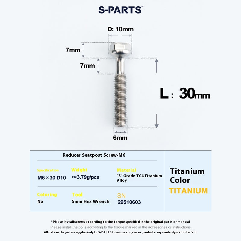 S-PARTS M6 Titanium Seatpost Step-Down Bolt & Nut Kit — Multiple Lengths 30mm