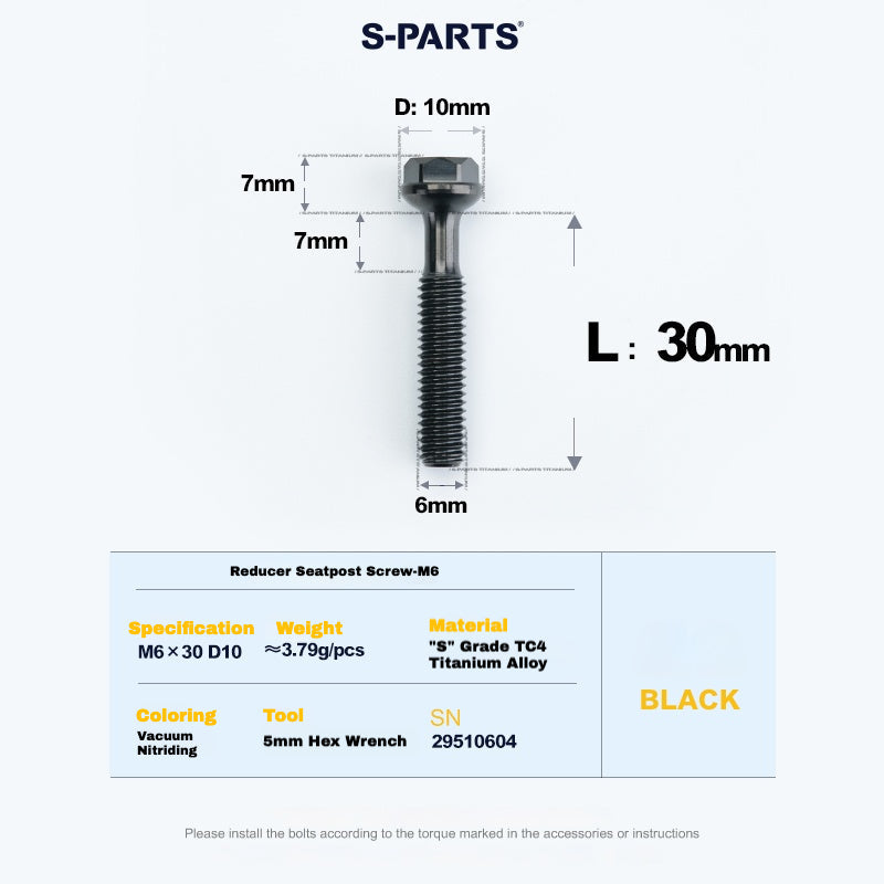 S-PARTS M6 Titanium Seatpost Step-Down Bolt & Nut Kit — Multiple Lengths Black 30mm
