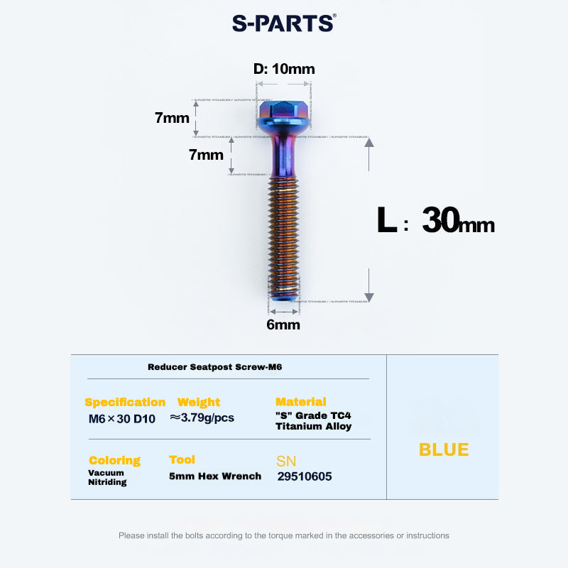 S-PARTS M6 Titanium Seatpost Step-Down Bolt & Nut Kit — Multiple Lengths Blue 30mm