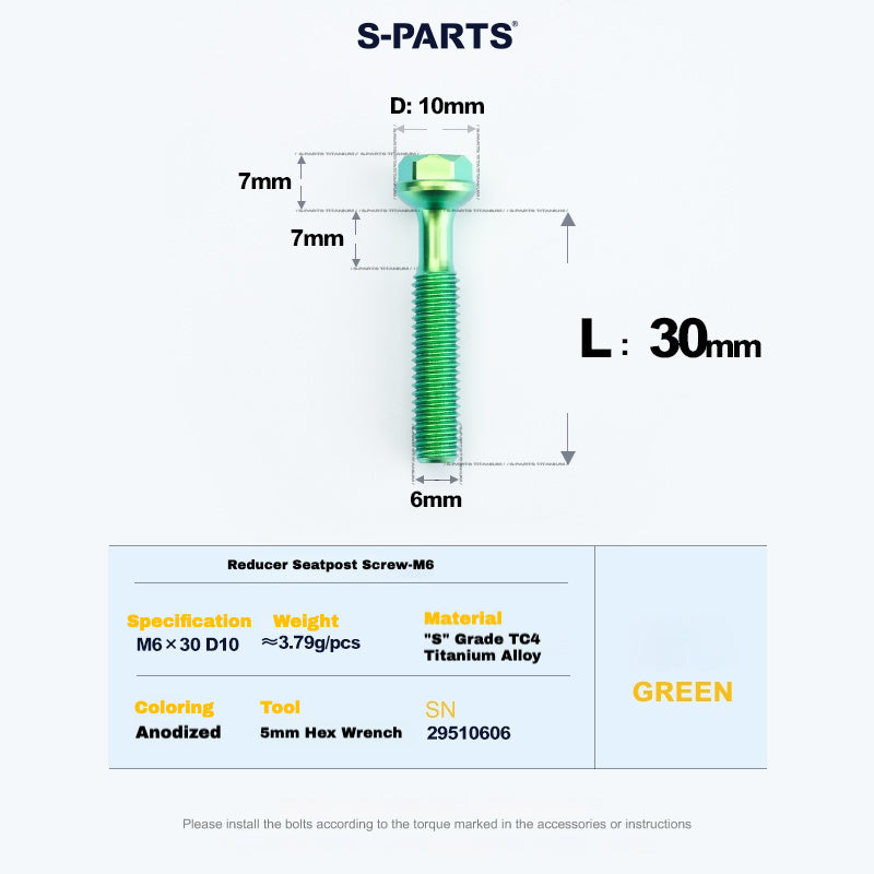 S-PARTS M6 Titanium Seatpost Step-Down Bolt & Nut Kit — Multiple Lengths Green 30mm