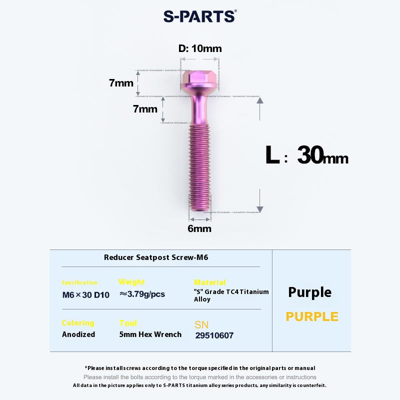 S-PARTS M6 Titanium Seatpost Step-Down Bolt & Nut Kit — Multiple Lengths Purple 30mm