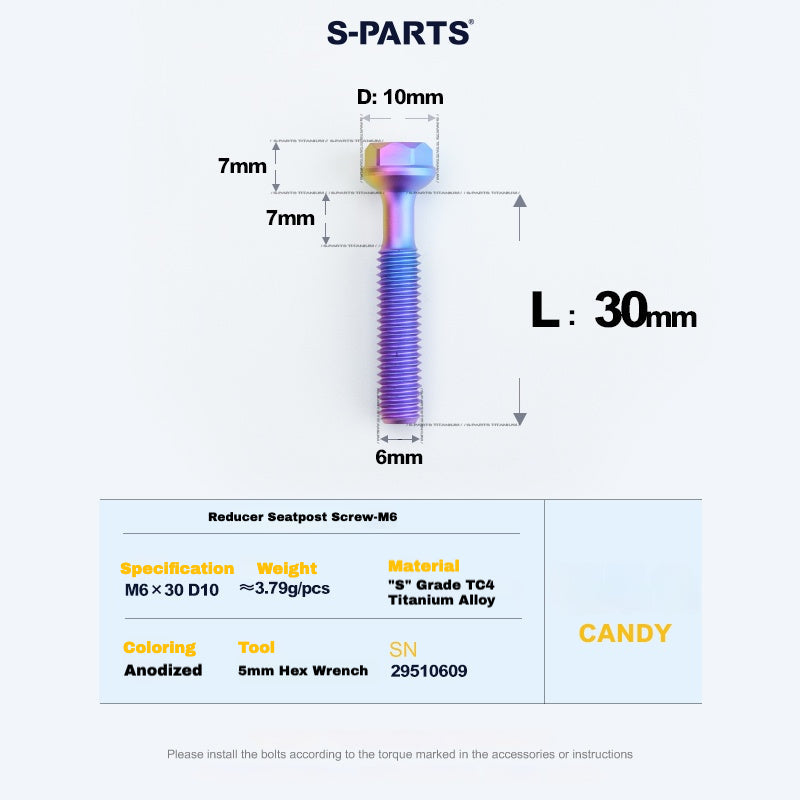 S-PARTS M6 Titanium Seatpost Step-Down Bolt & Nut Kit — Multiple Lengths Candy 30mm