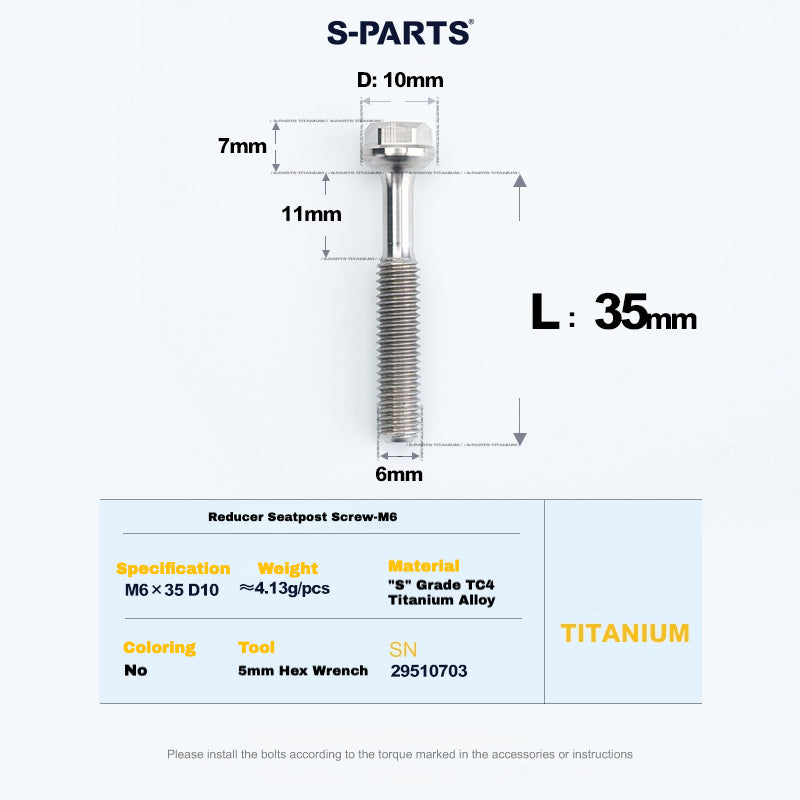 S-PARTS M6 Titanium Seatpost Step-Down Bolt & Nut Kit — Multiple Lengths 35mm