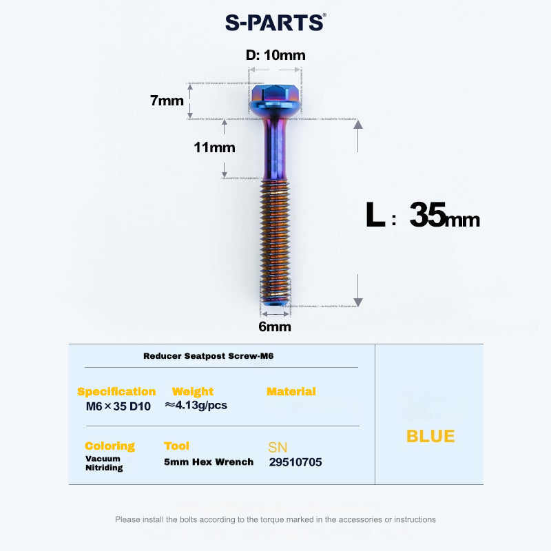 S-PARTS M6 Titanium Seatpost Step-Down Bolt & Nut Kit — Multiple Lengths Blue 35mm