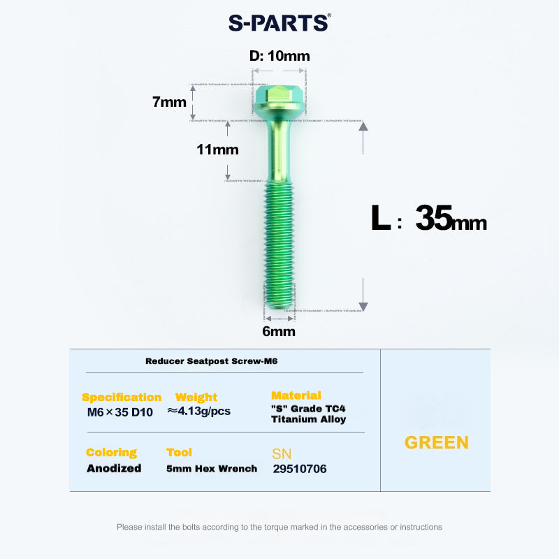S-PARTS M6 Titanium Seatpost Step-Down Bolt & Nut Kit — Multiple Lengths Green 35mm
