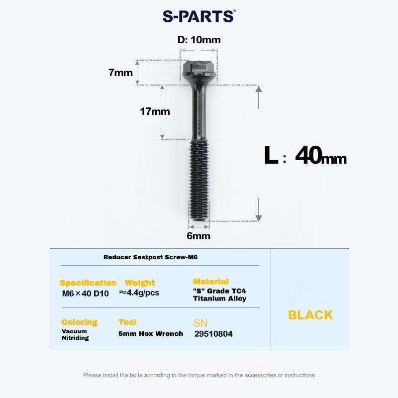 S-PARTS M6 Titanium Seatpost Step-Down Bolt & Nut Kit — Multiple Lengths Black 40mm