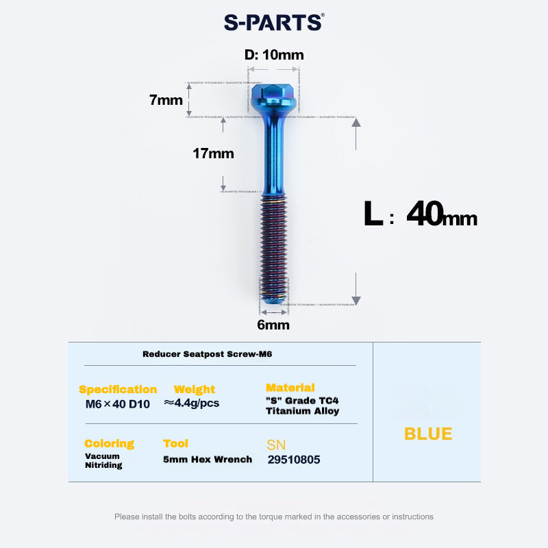 S-PARTS M6 Titanium Seatpost Step-Down Bolt & Nut Kit — Multiple Lengths Blue 40mm