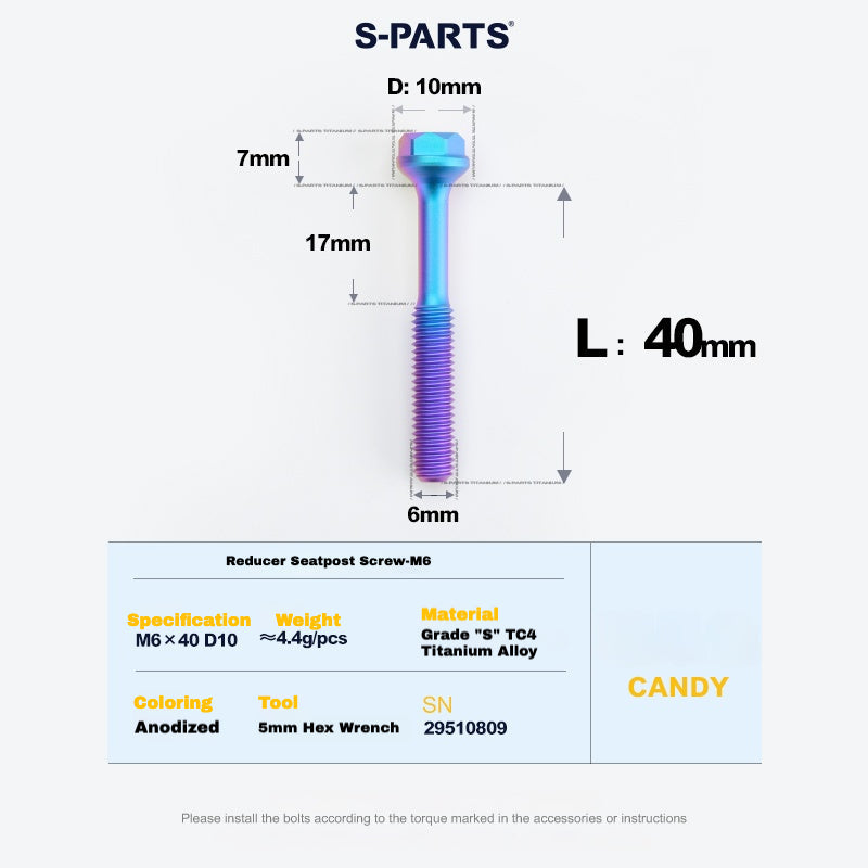 S-PARTS M6 Titanium Seatpost Step-Down Bolt & Nut Kit — Multiple Lengths Candy 40mm