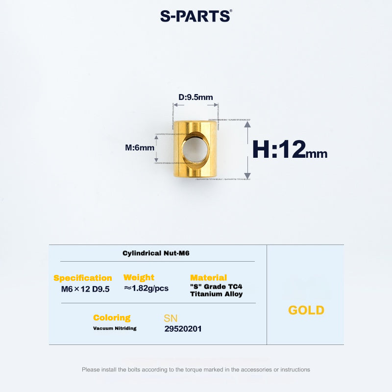 S-PARTS M6 Titanium Seatpost Step-Down Bolt & Nut Kit — Multiple Lengths Gold Cylindrical nut(M6 D9.5 H12)