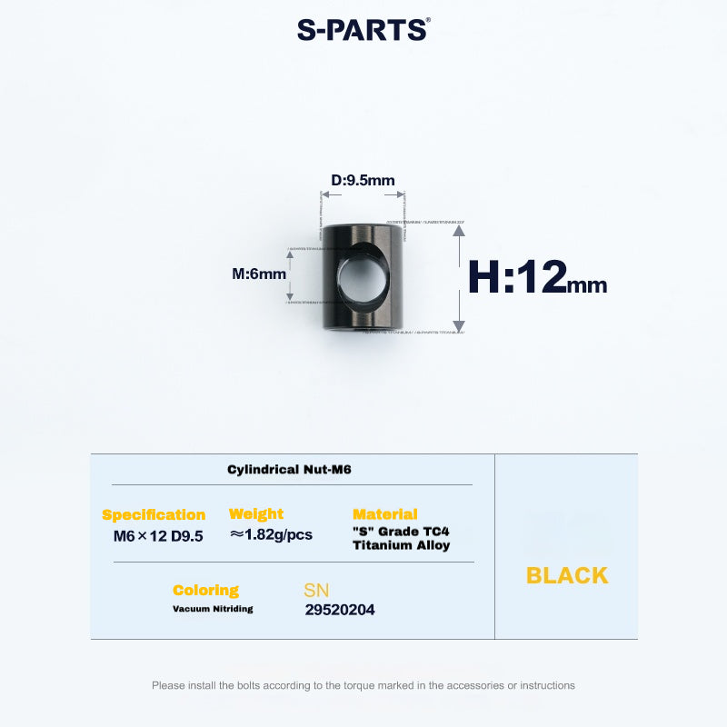 S-PARTS M6 Titanium Seatpost Step-Down Bolt & Nut Kit — Multiple Lengths Black Cylindrical nut(M6 D9.5 H12)