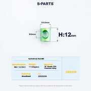 S-PARTS M6 Titanium Seatpost Step-Down Bolt & Nut Kit — Multiple Lengths Green Cylindrical nut(M6 D9.5 H12)