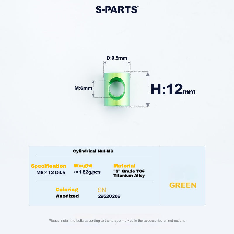 S-PARTS M6 Titanium Seatpost Step-Down Bolt & Nut Kit — Multiple Lengths Green Cylindrical nut(M6 D9.5 H12)