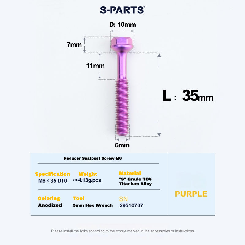 S-PARTS M6 Titanium Seatpost Step-Down Bolt & Nut Kit — Multiple Lengths Purple 35mm