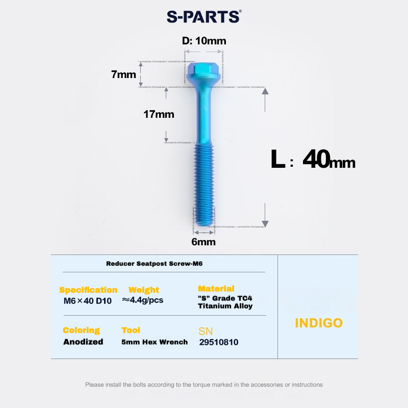 S-PARTS M6 Titanium Seatpost Step-Down Bolt & Nut Kit — Multiple Lengths Indigo 40mm
