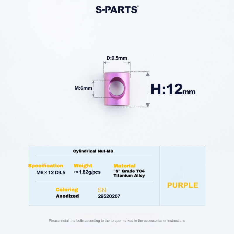 S-PARTS M6 Titanium Seatpost Step-Down Bolt & Nut Kit — Multiple Lengths Purple Cylindrical nut(M6 D9.5 H12)