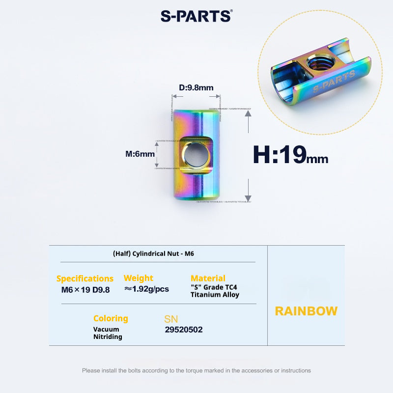 S-PARTS M6 Titanium Seatpost Step-Down Bolt & Nut Kit — Multiple Lengths Rainbow (Half) Cylindrical Nut (M6 D9.8 H19)