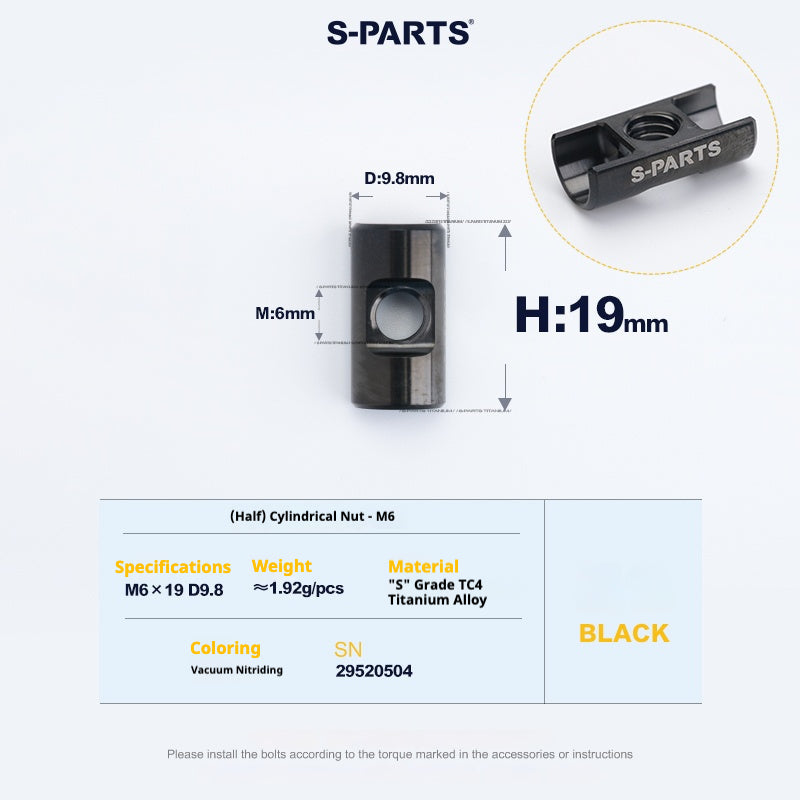 S-PARTS M6 Titanium Seatpost Step-Down Bolt & Nut Kit — Multiple Lengths Black (Half) Cylindrical Nut (M6 D9.8 H19)