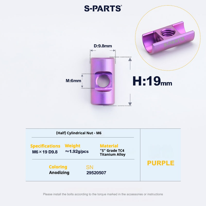 S-PARTS M6 Titanium Seatpost Step-Down Bolt & Nut Kit — Multiple Lengths Purple (Half) Cylindrical Nut (M6 D9.8 H19)