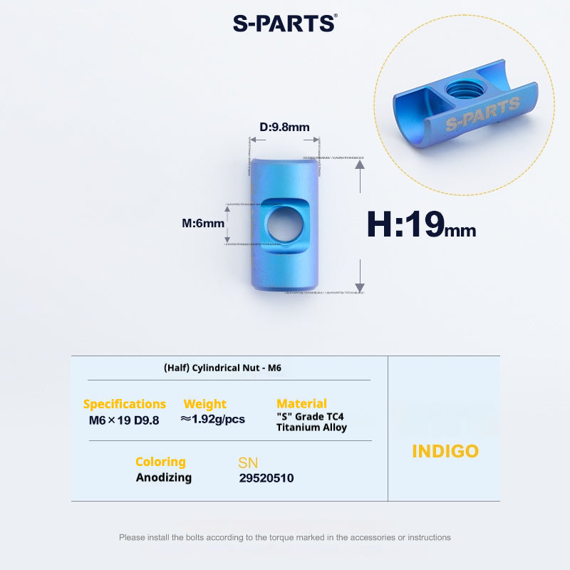 S-PARTS M6 Titanium Seatpost Step-Down Bolt & Nut Kit — Multiple Lengths Indigo (Half) Cylindrical Nut (M6 D9.8 H19)