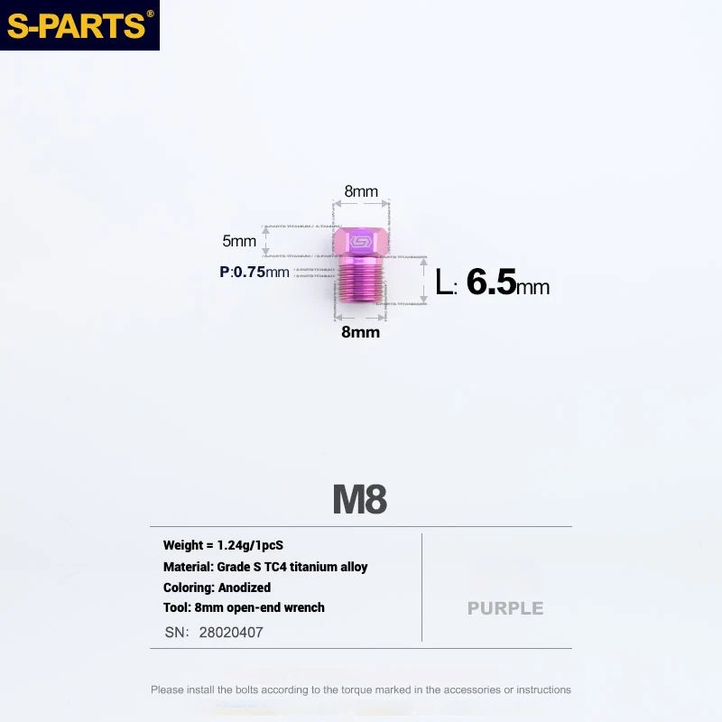 S-PARTS M8 Titanium Hydraulic Hose Bolt Shimano XTR / Ultegra / Dura-Ace & SRAM Road SRAM Road hydraulic brake systems Purple