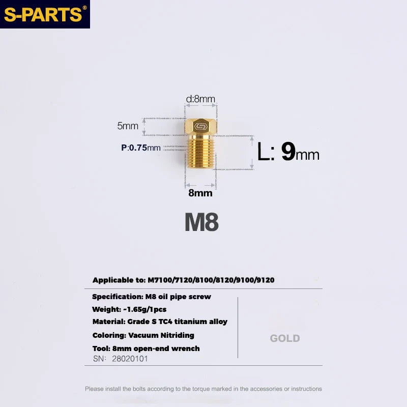S-PARTS M8 Titanium Hydraulic Hose Bolt Shimano XTR / Ultegra / Dura-Ace & SRAM Road Shimano MTB/ROAD brake systems Gold