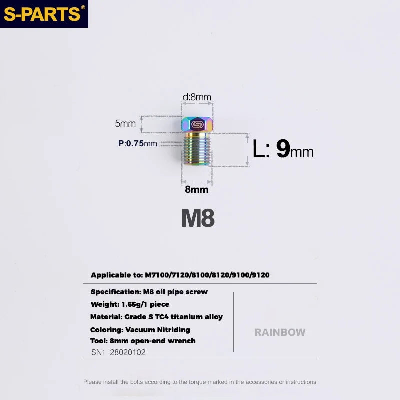 S-PARTS M8 Titanium Hydraulic Hose Bolt Shimano XTR / Ultegra / Dura-Ace & SRAM Road Shimano MTB/ROAD brake systems Rainbow