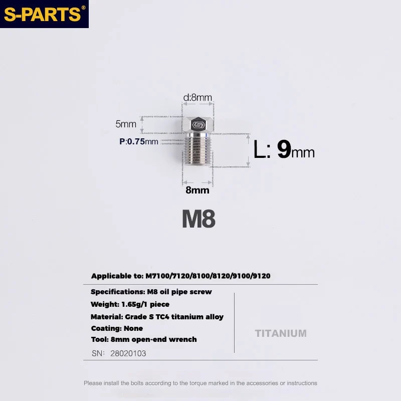 S-PARTS M8 Titanium Hydraulic Hose Bolt Shimano XTR / Ultegra / Dura-Ace & SRAM Road Shimano MTB/ROAD brake systems