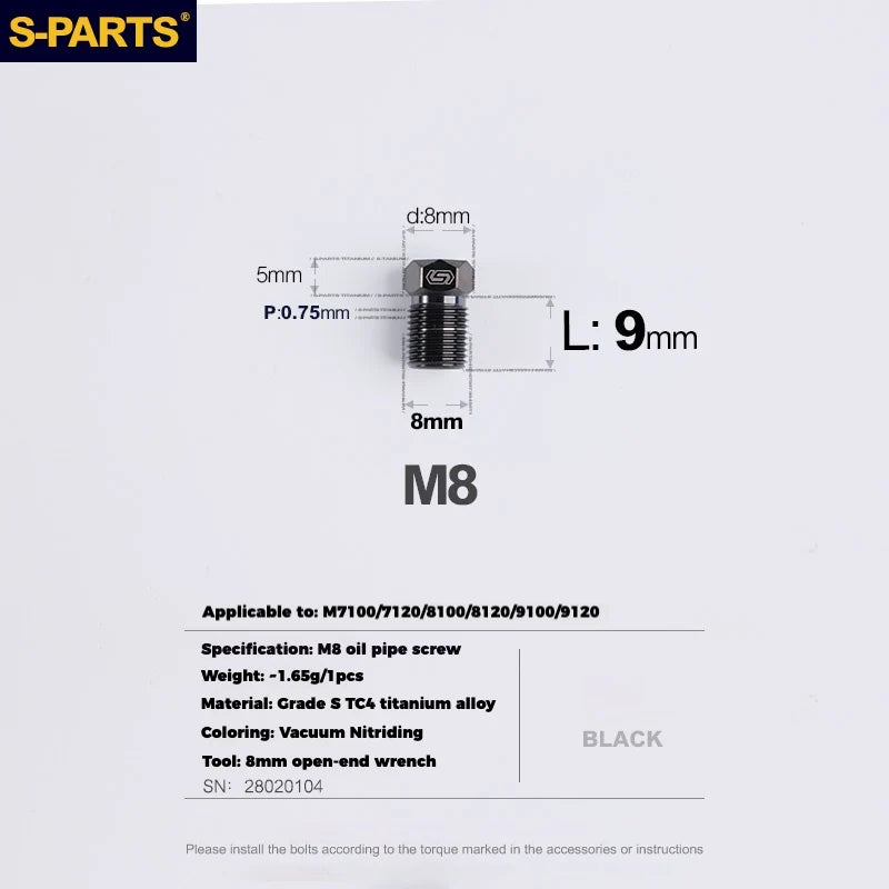 S-PARTS M8 Titanium Hydraulic Hose Bolt Shimano XTR / Ultegra / Dura-Ace & SRAM Road