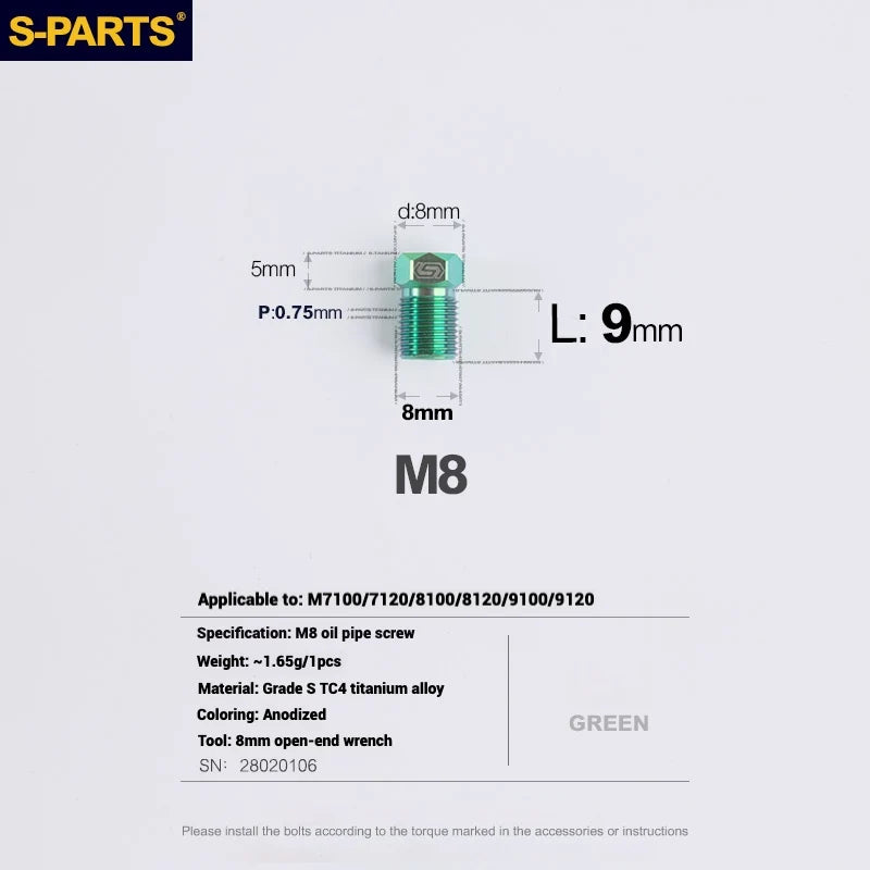 S-PARTS M8 Titanium Hydraulic Hose Bolt Shimano XTR / Ultegra / Dura-Ace & SRAM Road Shimano MTB/ROAD brake systems Green