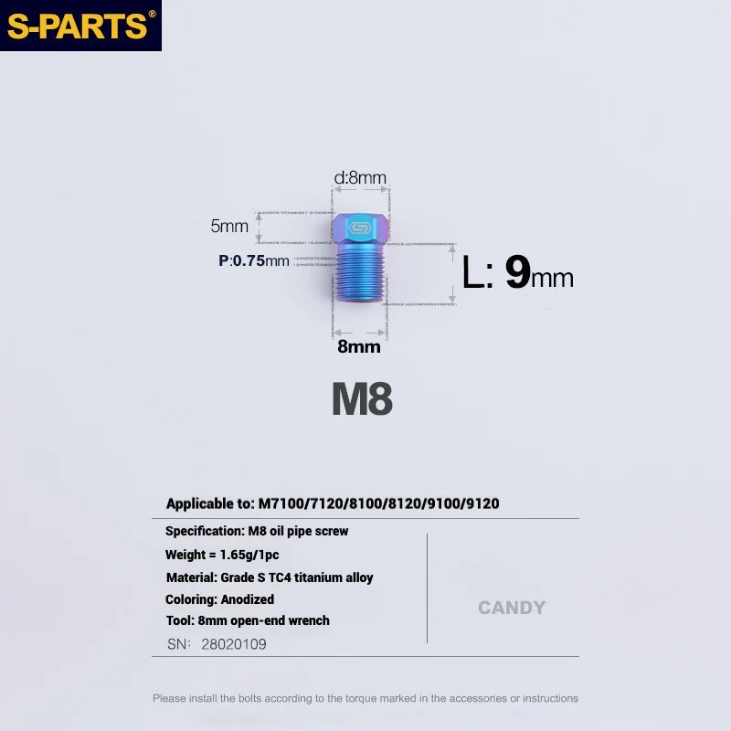 S-PARTS M8 Titanium Hydraulic Hose Bolt Shimano XTR / Ultegra / Dura-Ace & SRAM Road Shimano MTB/ROAD brake systems Candy