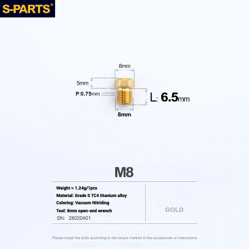 S-PARTS M8 Titanium Hydraulic Hose Bolt Shimano XTR / Ultegra / Dura-Ace & SRAM Road SRAM Road hydraulic brake systems Gold