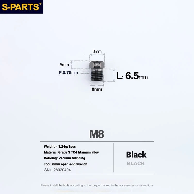 S-PARTS M8 Titanium Hydraulic Hose Bolt Shimano XTR / Ultegra / Dura-Ace & SRAM Road SRAM Road hydraulic brake systems Black